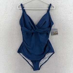 Seekers Essentials Swimsuit Womens 16 Blue One Piece Twist Front Ruched Padded